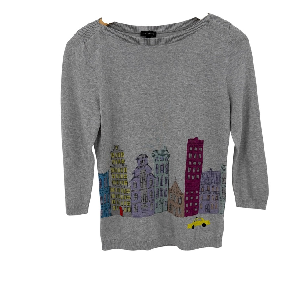Talbots Women Gray Cityscape Skyline Embroidery Sweater XS 3/4 Sleeve Novelty